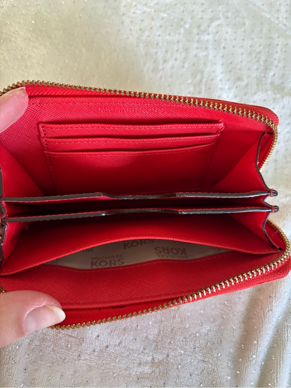 Michael Kors Red Pebbled Leather Wristlet with Gold Plaque - Picture 8 of 10